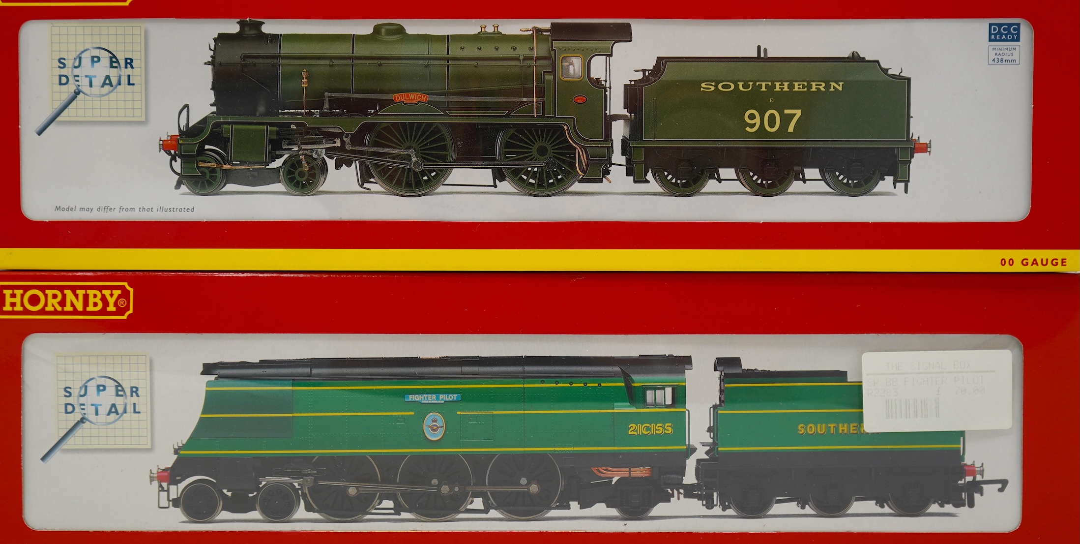 Two boxed Hornby Hobbies 00 gauge railway Southern Railway tender locomotives; a Battle of Britain Class, Fighter Pilot 21C155, (R2283), together with a Schools Class, Dulwich 907, (R2843)